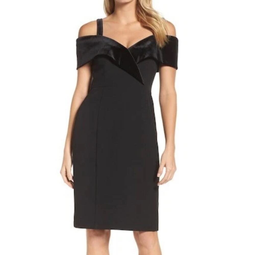 NWT Eliza J Black Velvet Collar Off‎ The Shoulder Sheath Knee Length Dress 10